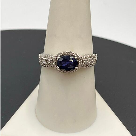 FD Designer Signed Sterling Silver 925 Oval Sapphire And Diamond Ring Sz 8.75